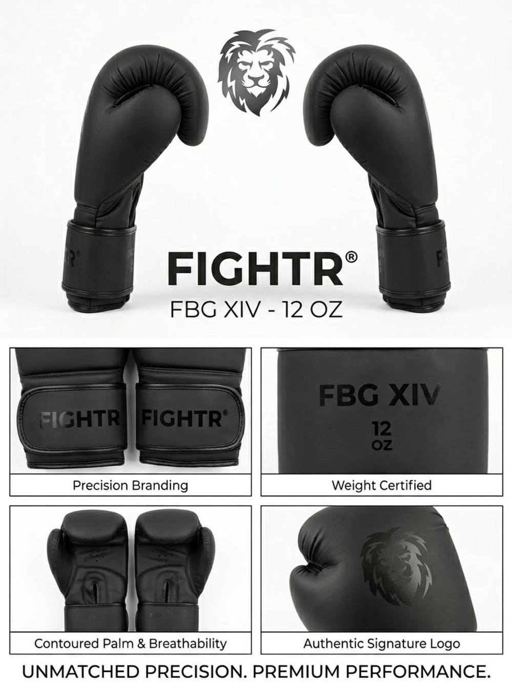 FIGHTR Premium Boxing Gloves 12 oz All Black Matte Lion MMA Kickboxing Sparring